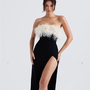 House of CB Strapless Black Dress with Cream Feather Accent